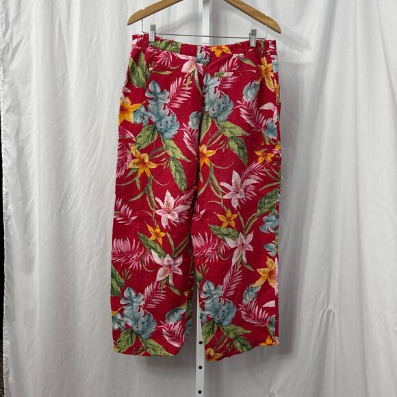 Chicos Design Linen Blend Crop Pants Red Floral Vintage Large - Picture 10 of 11